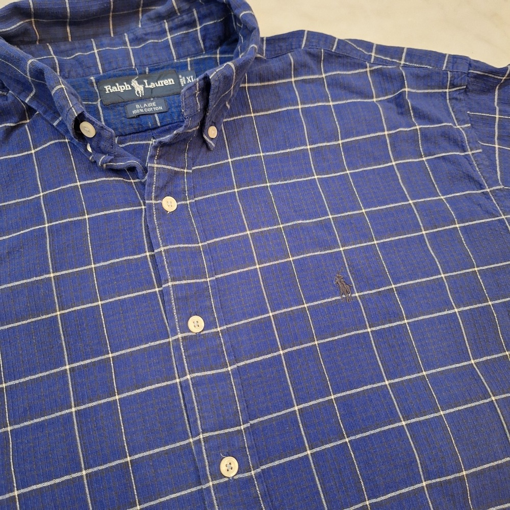 Ralph Lauren Blaire Shirt Sz XL Blue Windowpane Check Shortsleeve Raised Stripe